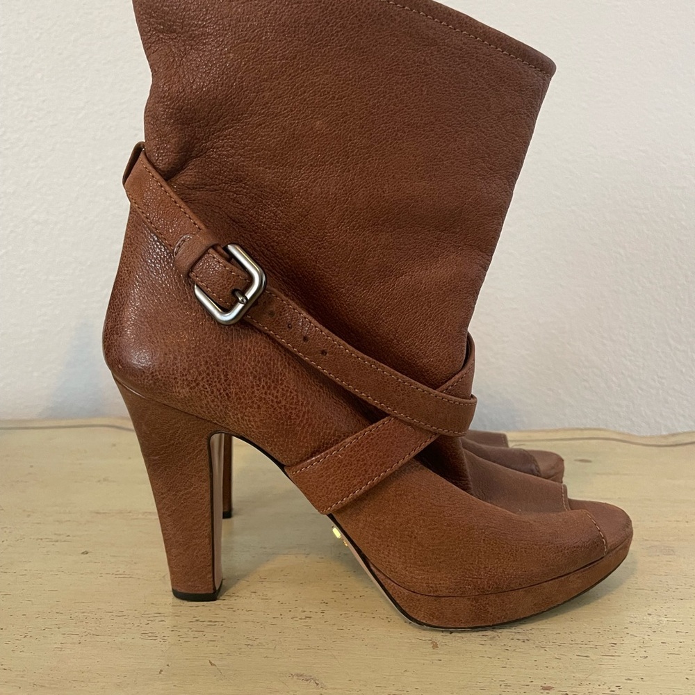 PRADA Made in Italy Platform Peep Toe Ankle Bootie w/Double Wrap Strap Size 38 - Picture 5 of 9